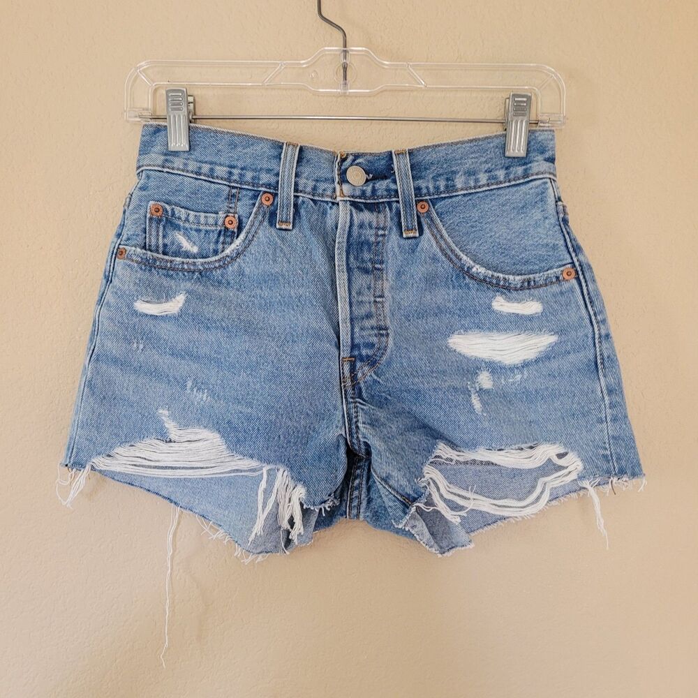 Levis 501 Cut Off Jean Shorts Sz 24 Blue High Rise Button Fly Raw Hem Distressed